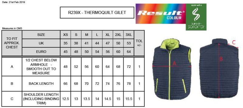 Uniseks termo prešiti telovnik Result Recycled R239X, videti na tabeli velikosti, v zeleno-črni barvi.