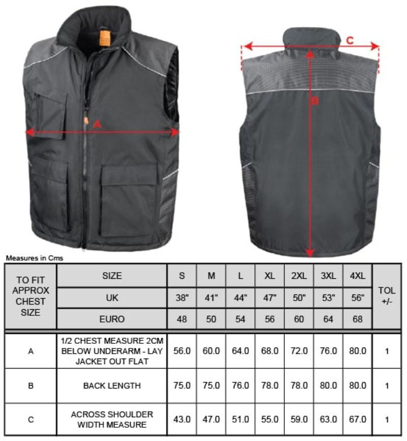 Tabela velikosti za Uniseks delovni telovnik Result Work-Guard Vostex R306X