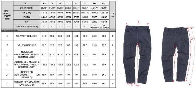 Moške delovne chino hlače Result Work-Guard R470X, prikaz velikosti na tabeli, robusten in udoben delovni videz