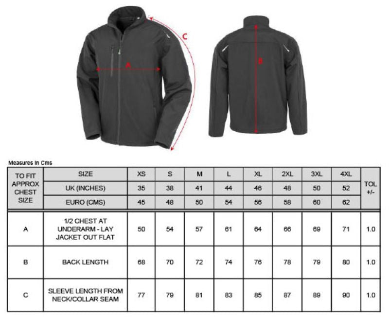 Moška troslojna softshell jakna Result Recycled R900M, prikazana na sliki, s tabelo velikosti.