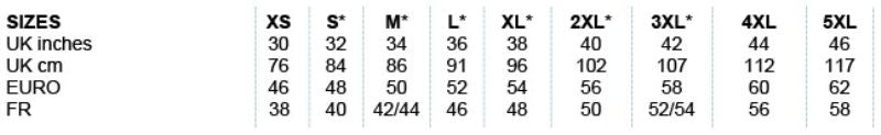 Moške delovne hlače Result Work-Guard R308X s tabelo velikosti, prikazane na slike.