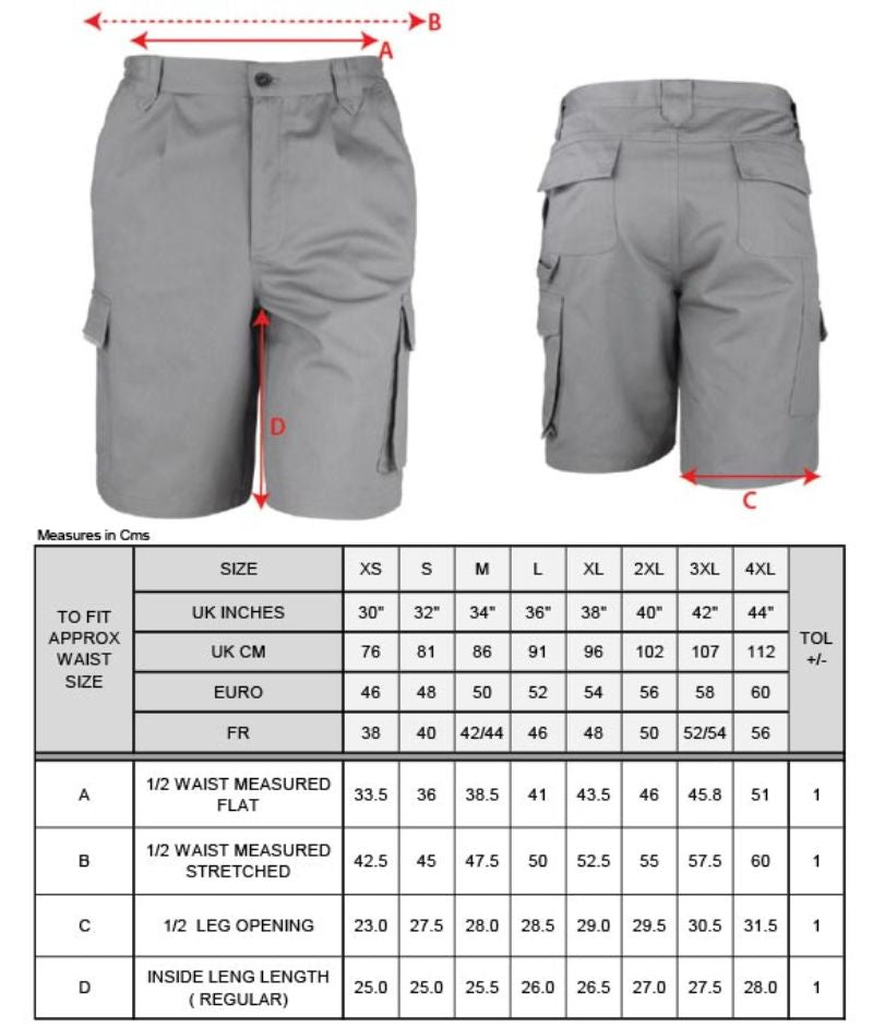 Moške delovne hlače Result Work-Guard R309X, prikaz velikostne tabele na sliki.