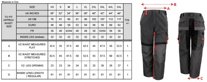 Moške delovne hlače Result Work-Guard R310X za delo, prikaz velikostne tabele na sliki.