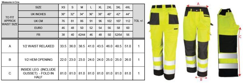 Tabela velikosti za Moške zaščitne kargo hlače Result R327X