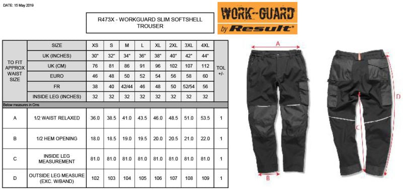 Moške softshell delovne hlače Result R473X, prikaz velikosti in tabelo velikosti na sliki.