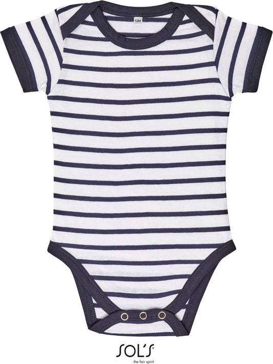 Dojenčkov črtasti bodi SOL'S Miles Baby, modro-beli, z dolgimi rokavi in zapenjanjem na sprednji strani