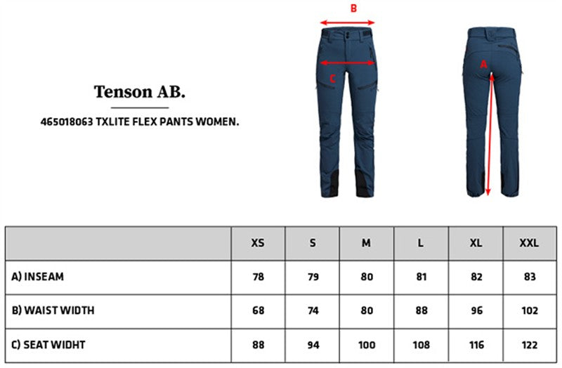 Tabela velikosti za Ženske raztegljive hlače Tenson TXlite Flex Pants Women