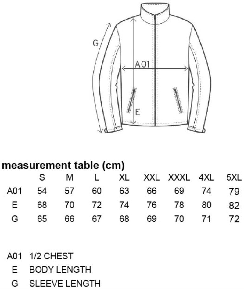 Moška softshell jakna Promodoro 7820, prikazana na sliki, s tabelo velikosti za primerjavo in merjenje.