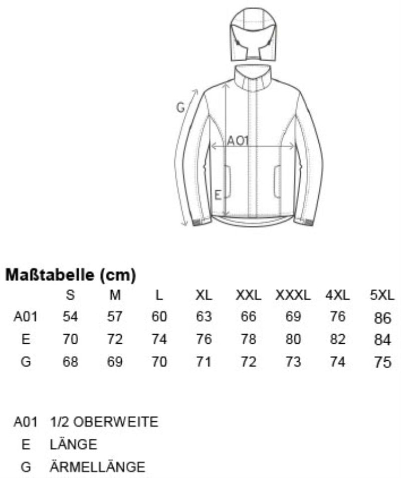 Moška jakna Promodoro 7850, modra, s kapuco in žepki, prikazana na diagramu s velikostmi in obliko.