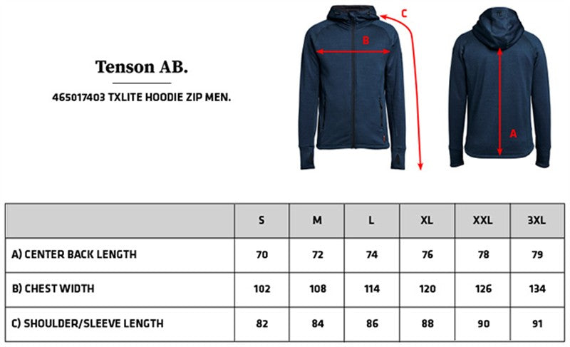 Tabela velikosti za Moška jopica s kapuco Tenson TXlite Hoodie Zip Men
