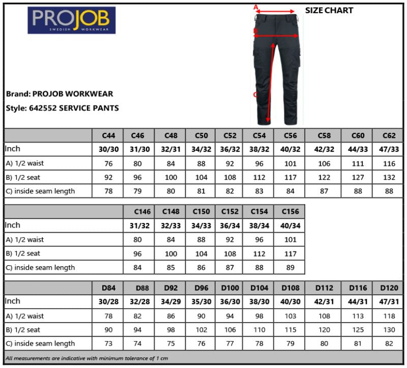 Tabela velikosti ProJob 2552 raztegljive servisne delovne hlače 84-120