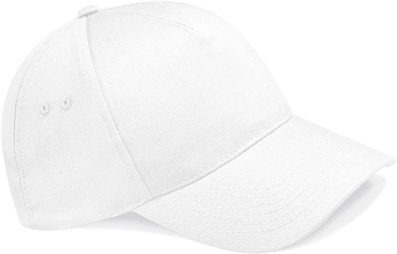 Bejličev pokrivalo 5-panel 'Ultimate' Beechfield B15Caps, rjavo, z ravnim robom in črno-belimi šivi, na glavi.