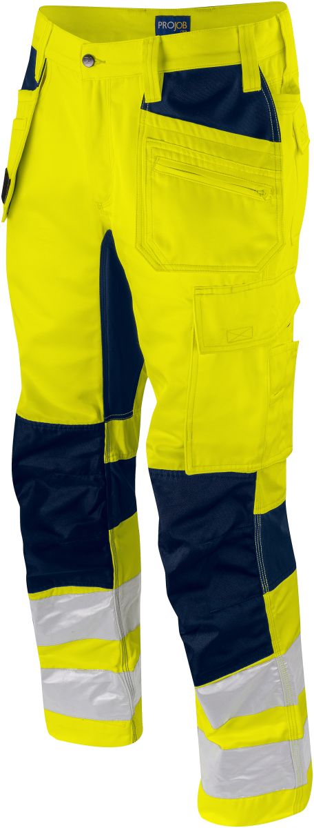 ProJob 6570 raztegljive varnostne delovne hlače 62-64 - Fluorescentno rumena / mornarsko modra