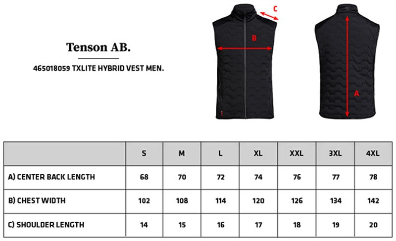 Tabela velikosti za Moški hibridni brezrokavnik Tenson TXlite Hybrid Vest Men