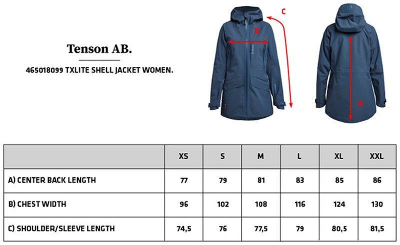 Tabela velikosti za Ženska vodoodporna jakna Tenson TXlite Shell Jacket Women