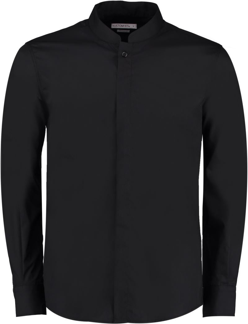 Unisex poplin shirt Mao collar dolgi rokav Kustom Kit – Črna