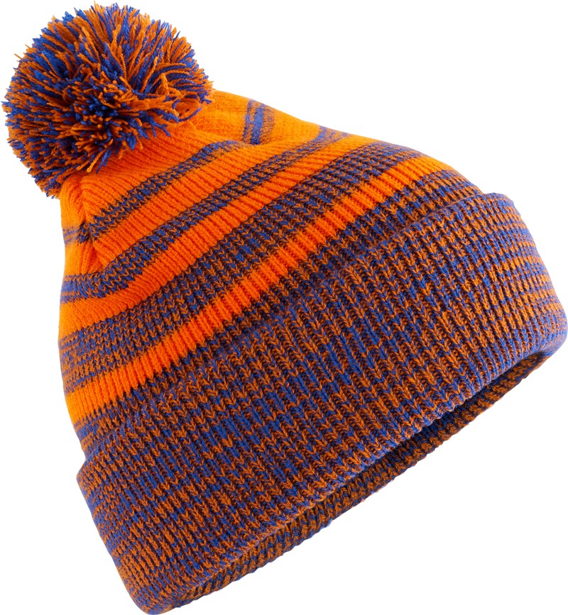 Pletena kapa s cofom Team Stripe Beechfield B 476 - Oranžna/kraljevsko modra