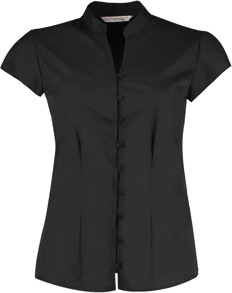Unisex poplin Blouse Mao collar kratek rokav Kustom Kit – Črna