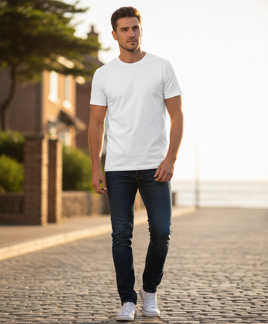 Moška bela bombažna majica Fruit Of The Loom Pure Cotton T-Shirt, rokavi in ovratnik, na ravni sliki.