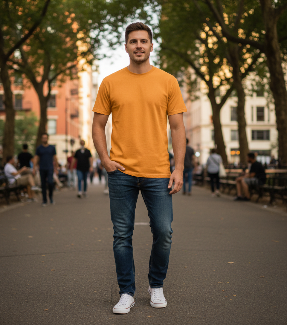 Men's short sleeve Russell 180M shirt displayed on a hanger, showcasing the casual men's clothing style and fabric details.