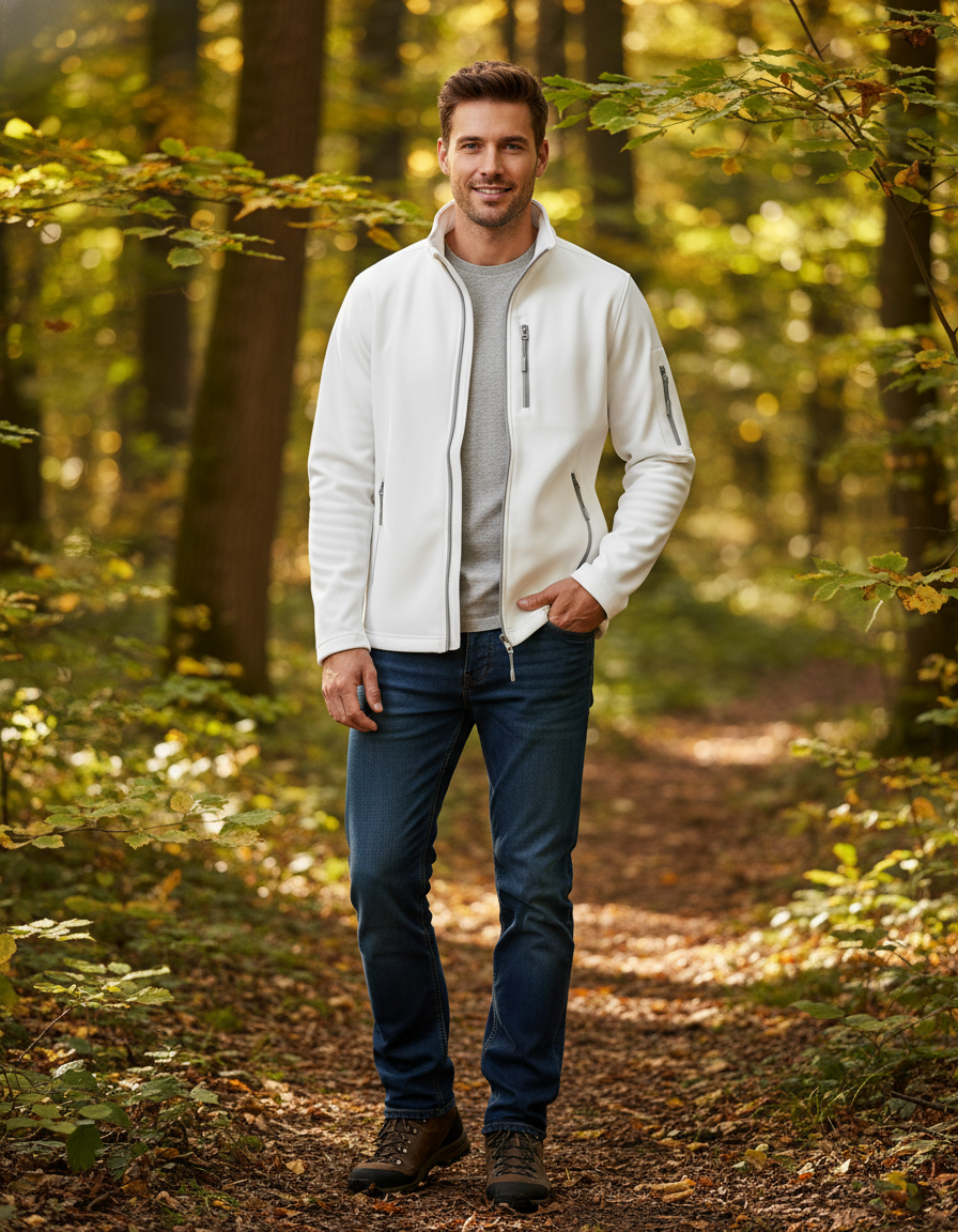 Men's Kariban K401 jacket with front zipper, standing collar, and multiple pockets, shown in a casual style.