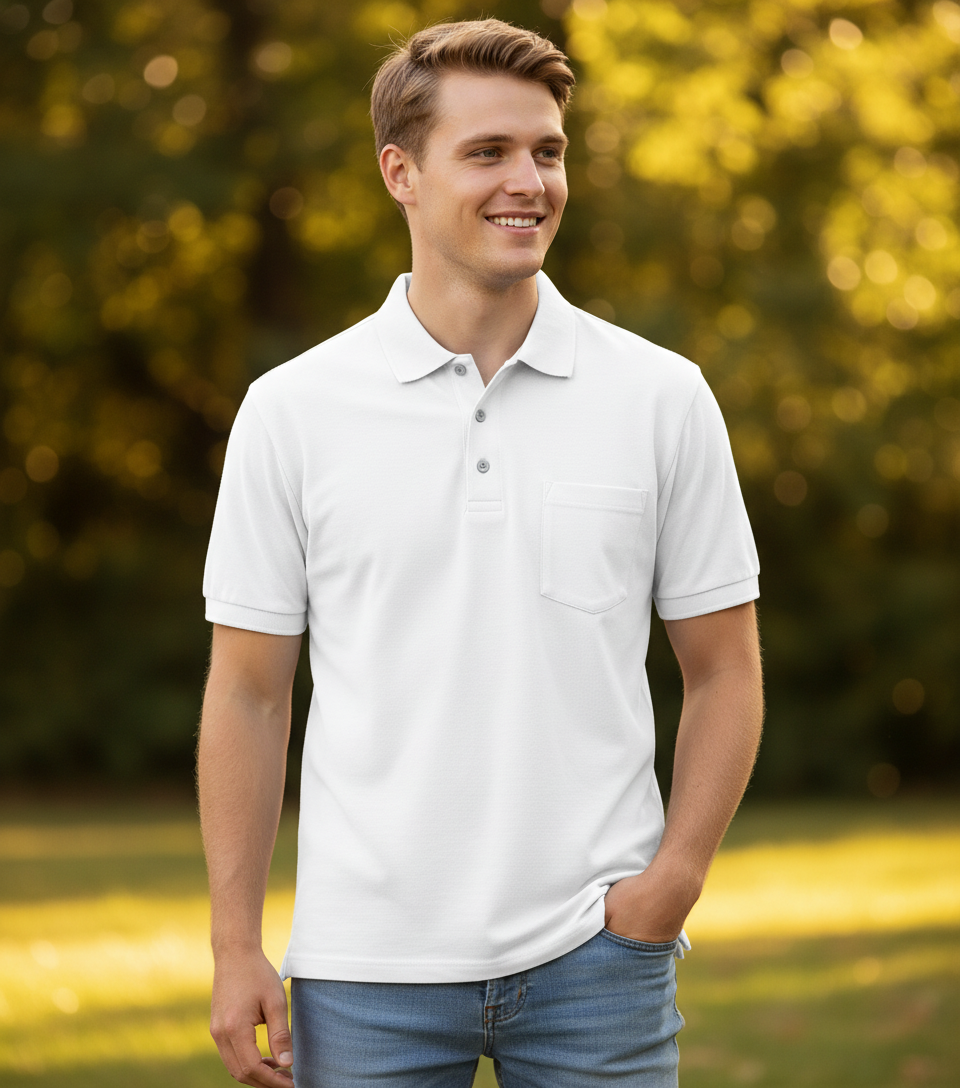 Promodoro men's solid piqué polo shirt with pocket, casual short-sleeve polo in classic style, suitable for everyday wear.