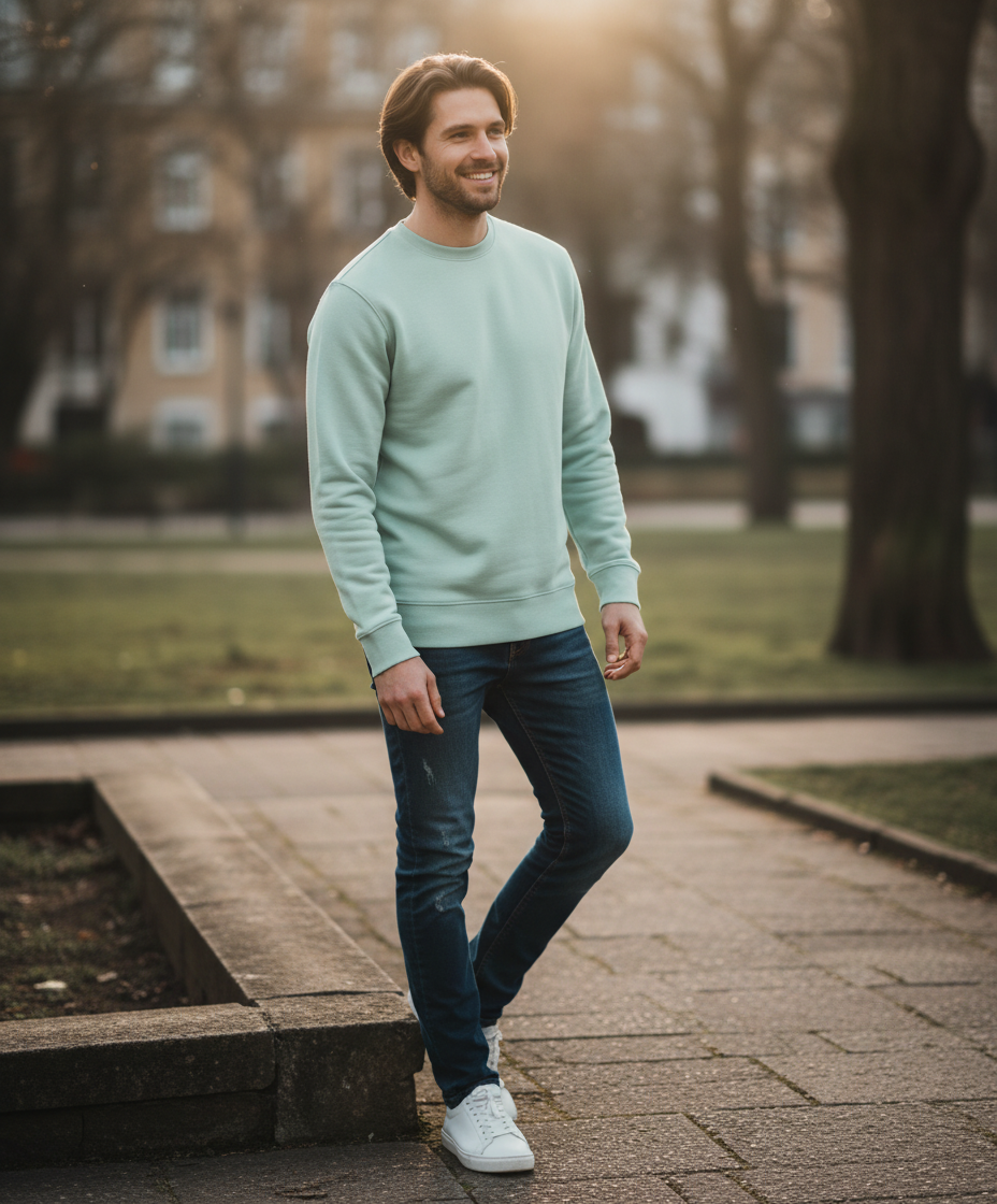 Moški pulover B&C Collection KING z ovratnikom in okroglo odprtino, udoben sweatshirt za vsakdan.