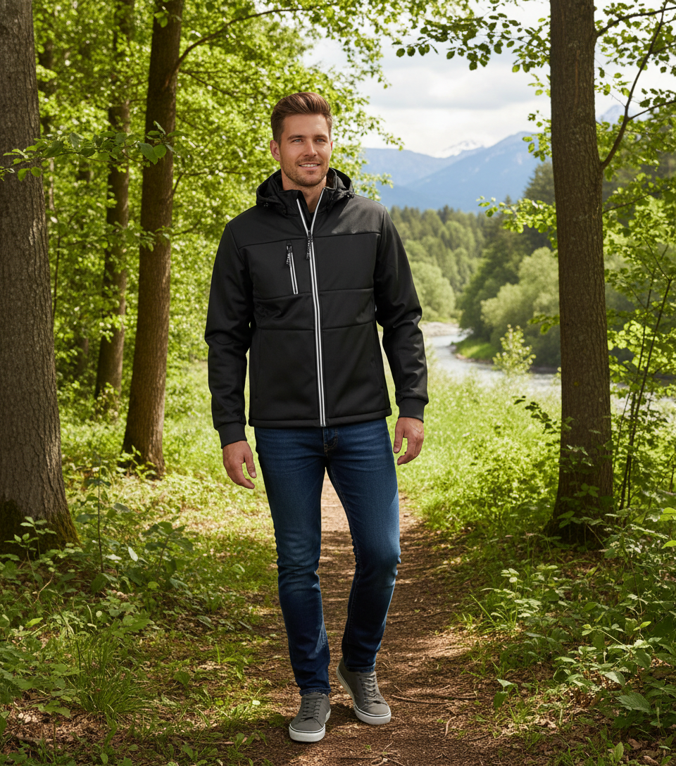 Moška softshell jakna James & Nicholson "Maritim" z 3 sloji, 100% poliester, športna in vremensko odporna.
