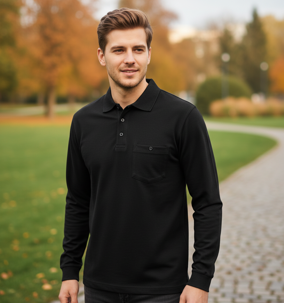 Moška delovna polo majica James & Nicholson z dolgimi rokavi in žepom, kakovostna delovna oblačila, model JN 866.