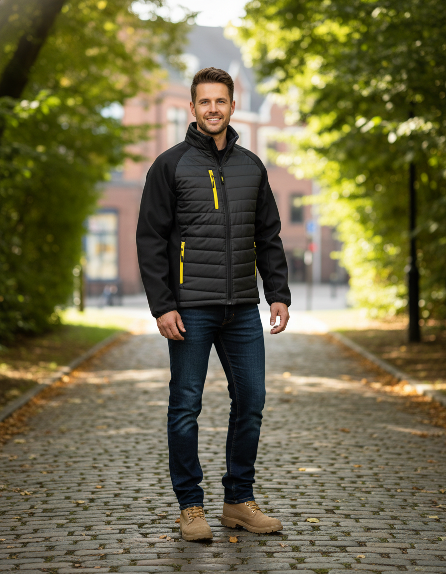 Men's Result Recycled Moška Jakna jacket with a front zipper and hood, shown in a stylish outdoor setting.