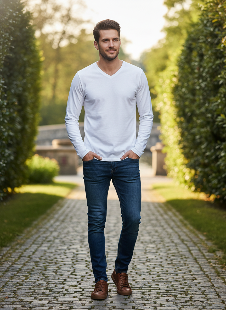 Promodoro men's long sleeve shirt displaying a classic fit in a neutral color, front view with collar and button details.