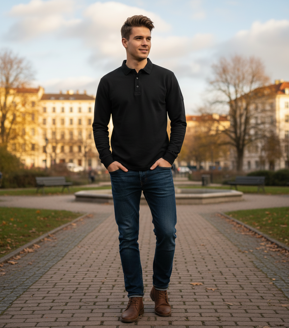 Moška polo majica Russell z dolgimi rokavi, modra barva, prikazana na sliki.