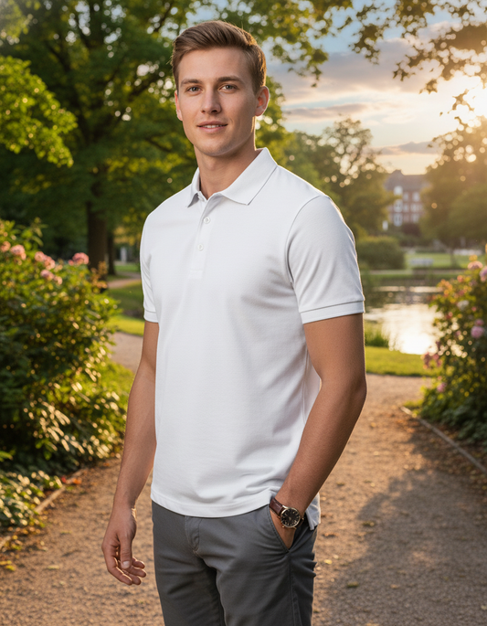 Moška polo majica kratkih rokavov James & Nicholson JN 401, modra barva, na modelu na sončni plaži