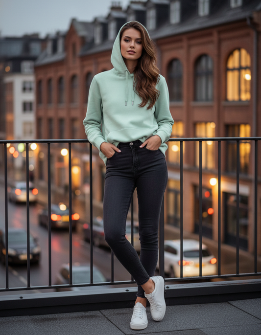 Ženska kapuca s sweatshirtom B&C Collection Queen, udobna in topla, sivkasta barva, prikazana na modeli.