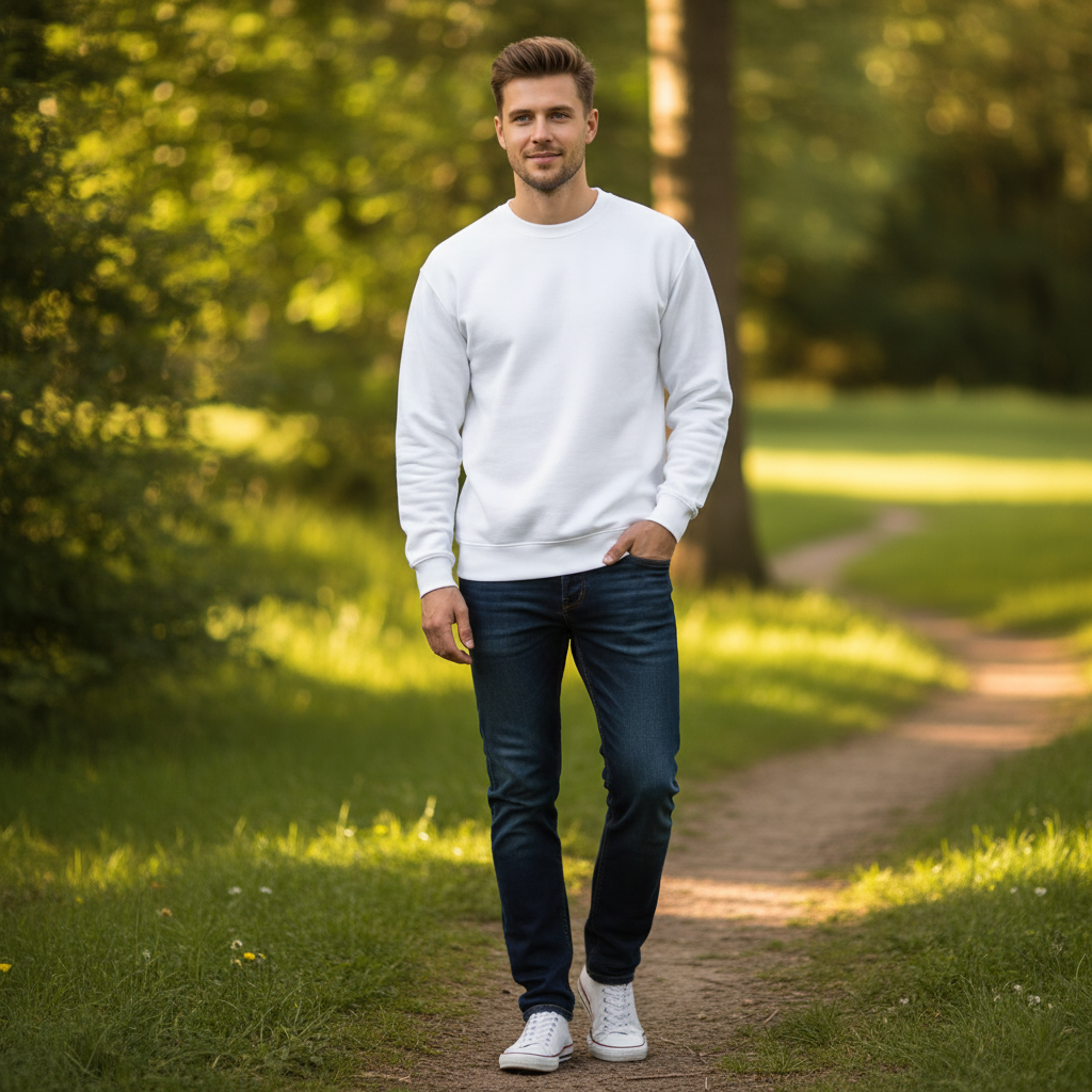 Moški pulover F.O.L. Classic Set-In Sweat, modre barve, z okrasnim ovratnikom in dolgimi rokavi, na modelu.