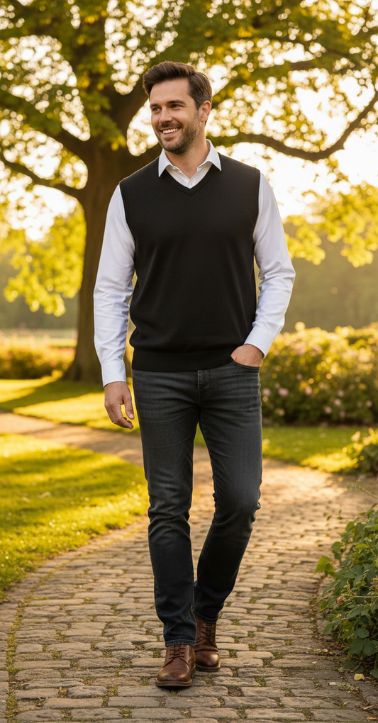 Blue V-neck men's pullover vest by Kariban, with a clean, fitted design and ribbed edges, shown on a neutral background.