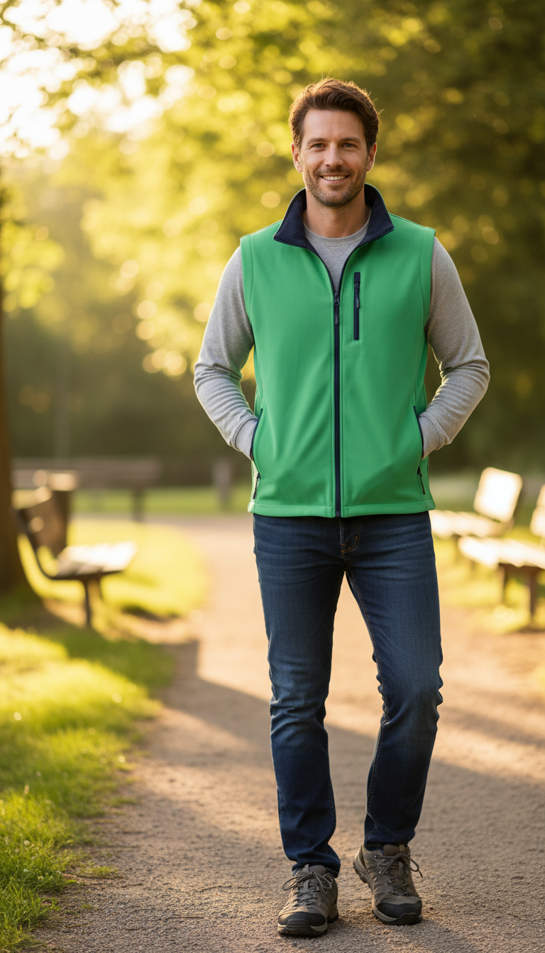 Moški softshell brezrokavnik James & Nicholson, 694d70, dvoplastni, 280 g/m², 100% poliester, prikazan na modelu