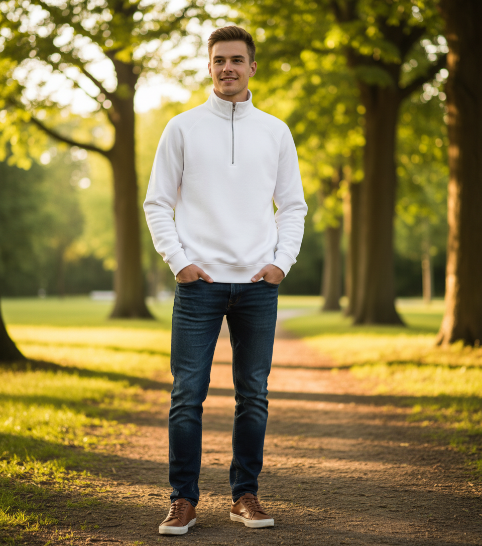 Moški pulover F.O.L. Premium zip neck, s dolgimi rokavi, v temni barvi, s zadrgo na vrhu in udobnim krojem.
