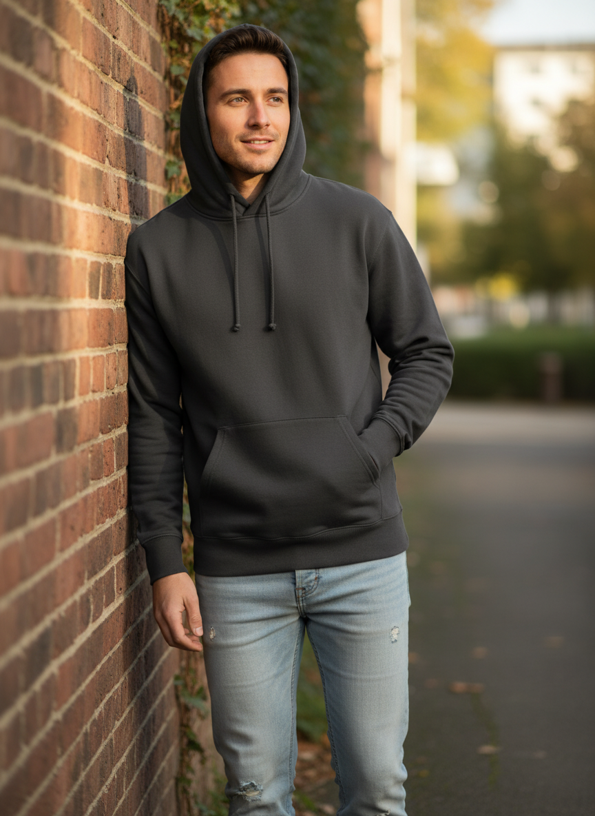 F.O.L. men's hooded sweatshirt in dark color with front pocket and drawstring hood, casual and comfortable fit.