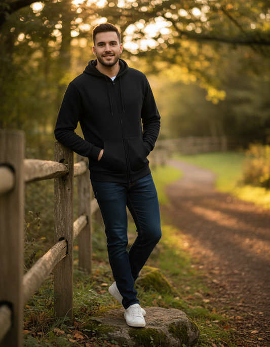 Male B&C hoodie pullover with a front kangaroo pocket and drawstring hood, shown in a relaxed fit.