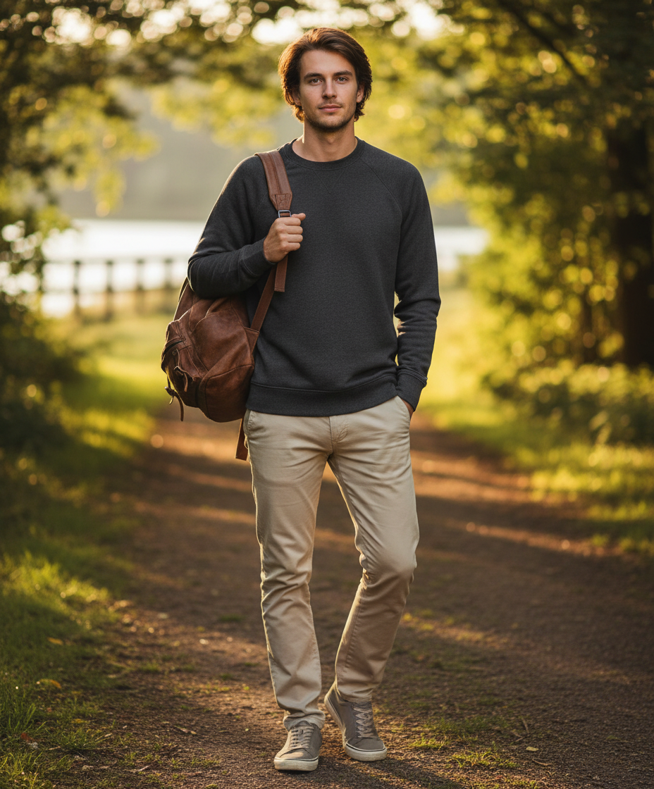 Russell men's pullover in gray, featuring a cozy knit fabric and ribbed cuffs, perfect for casual wear.
