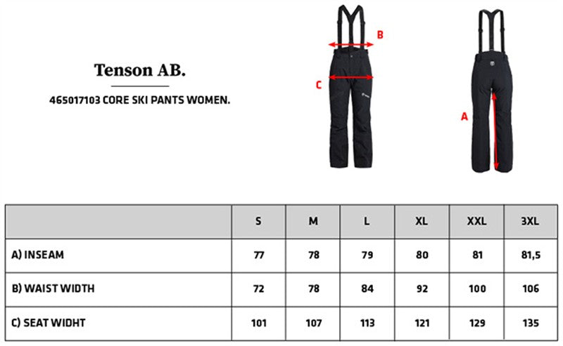 Tabela velikosti za Ženske smučarske hlače Tenson Core Ski Pants Women