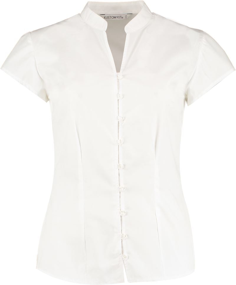 Unisex poplin Blouse Mao collar kratek rokav Kustom Kit – Bela