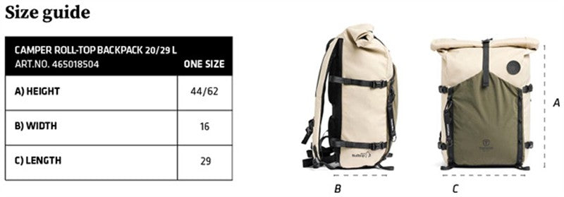 Tabela velikosti za Nahrbtnik z zavihanim zapiranjem Tenson Camper Roll-Top Backpack 20/29 L