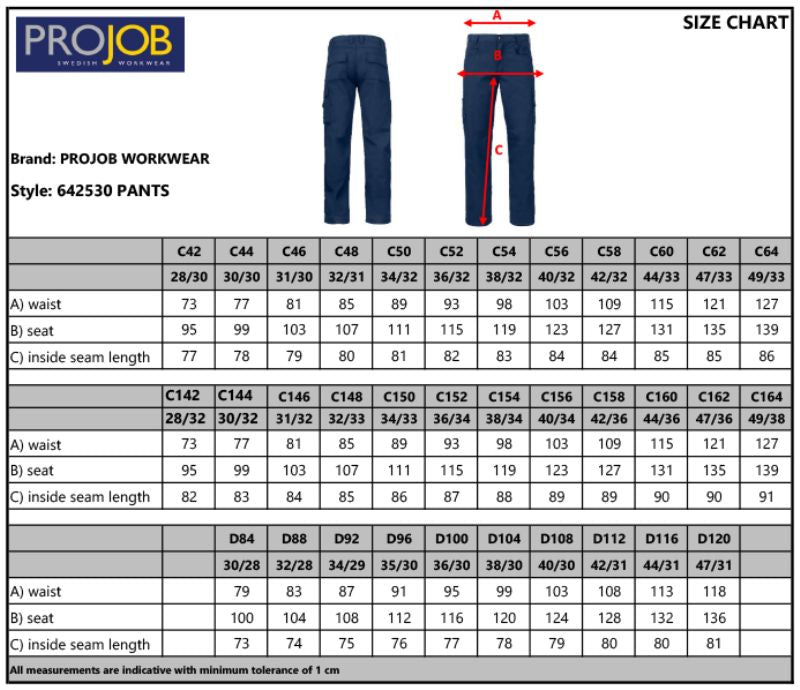Tabela velikosti ProJob 2530 servisne delovne hlače 42-60