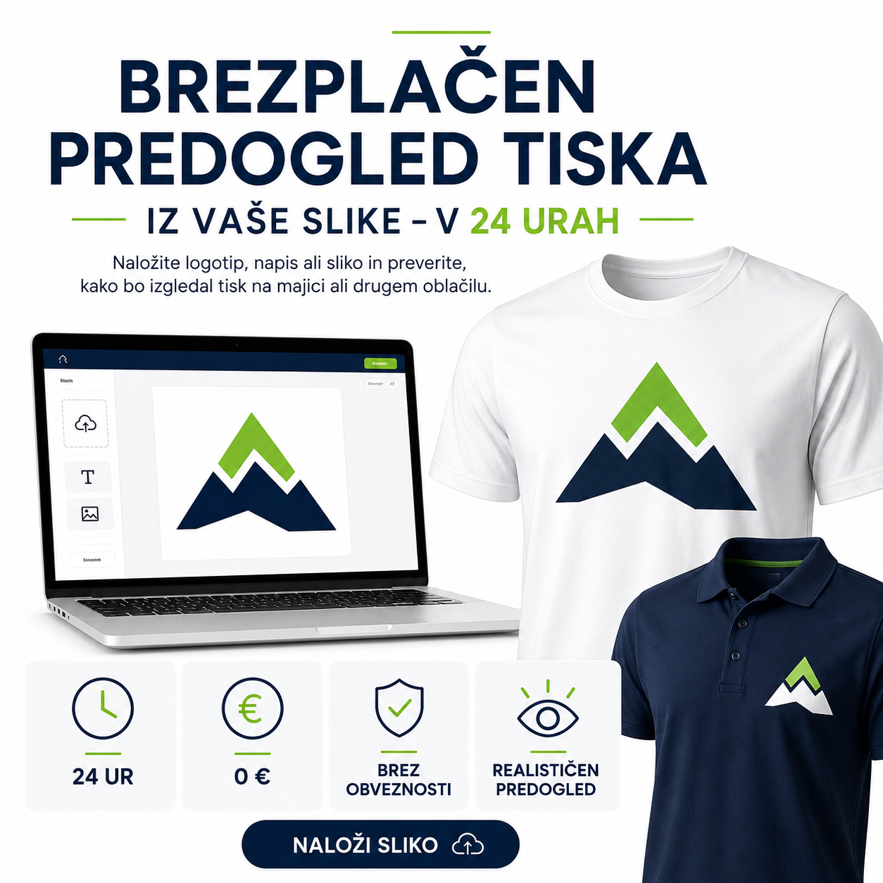 Naložite logotip, napis ali fotografijo in brezplačno preverite, kako bo vaš motiv izgledal natisnjen na majici ali drugem oblačilu.