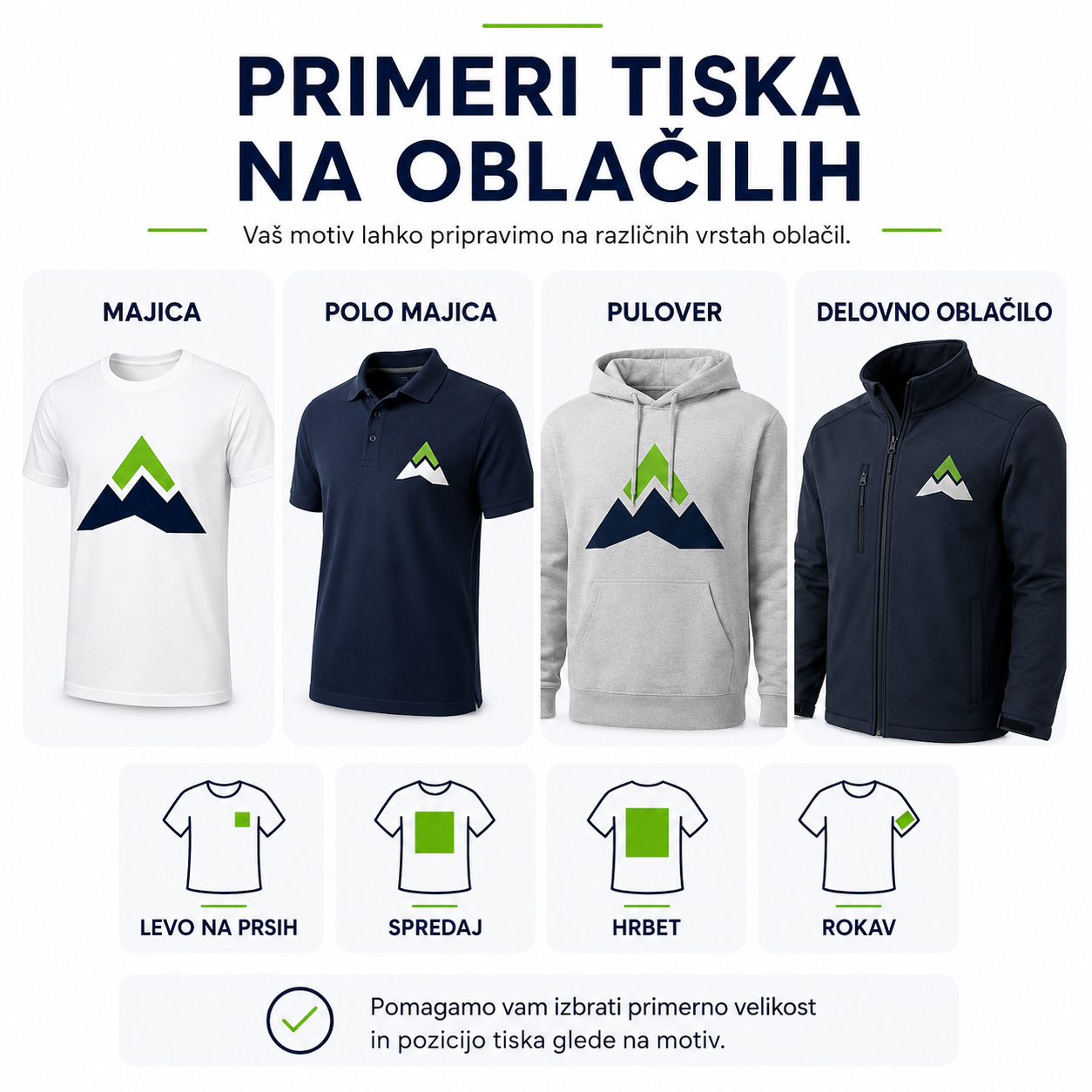 Naložite logotip, napis ali fotografijo in brezplačno preverite, kako bo vaš motiv izgledal natisnjen na majici ali drugem oblačilu.