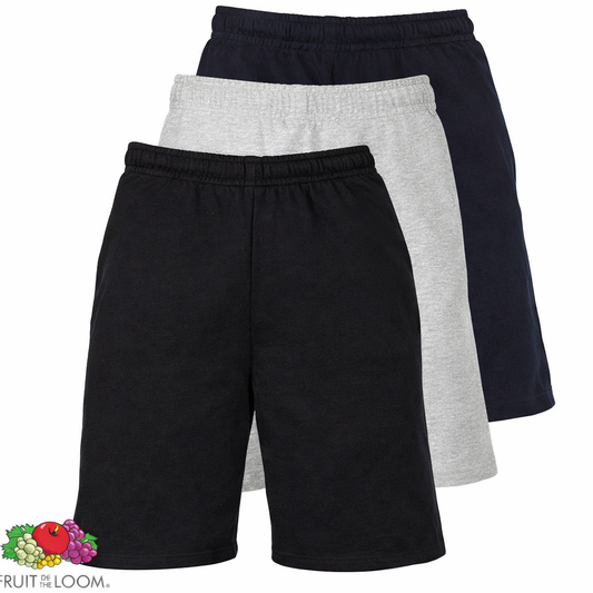 Moške Premium Fruit of the Loom kratke hlače, komplet 3 kosa, iz udobnega materiala, v različnih barvah, na beli podlagi.