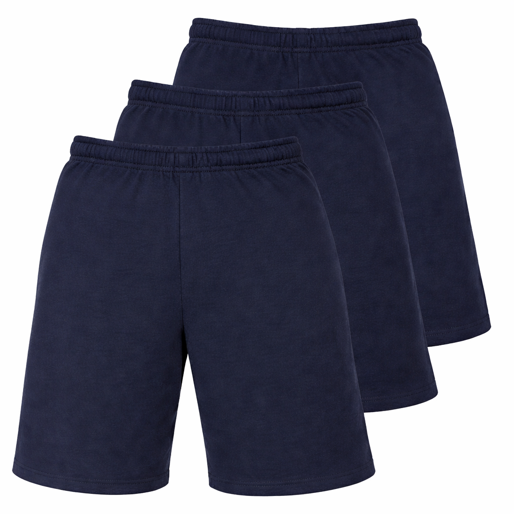 Moške premium Fruit of the Loom kratke hlače, komplet 3 kos, prikazane na sliki s različnimi barvami in slogom.