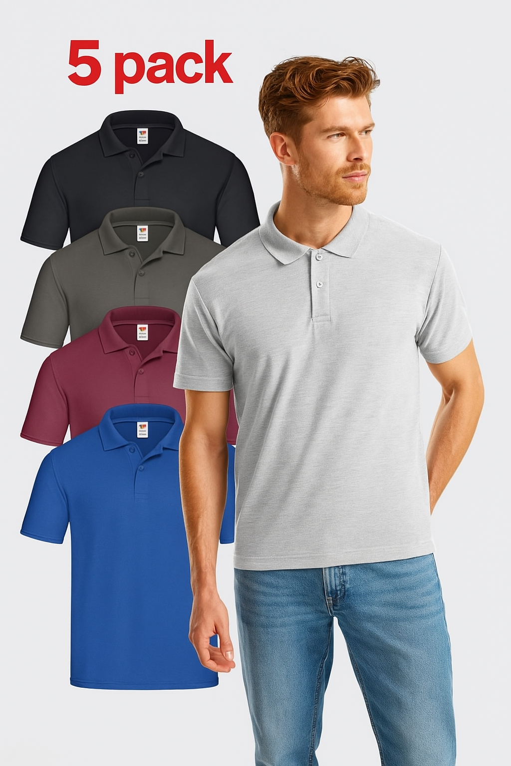 Set pet moških polo majic Fruit Of The Loom z kratkimi rokavi, oblekanadom, prikazane na sliki.